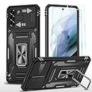 YmhxcY For Samsung Galaxy S21 Case,Military grade protective phone case，with [2 Packs] Screen Protector,Slide Camera Cover,360° Rotate metal Stand, for Samsung Galaxy S21 6.2''-Black
