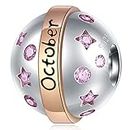 October Birthday Birthstone Planet Ball Charm-Fits Pandora Breast Cancer Bracelet, 925 Sterling Silver with Rose Gold Plated, Pink CZ Round Beads, Gifts for Daughter/Women/Aunt