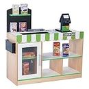 Teamson Kids Cashier Austin Interactive Wooden Play Market Stand with Lights and Sounds, Manual Conveyor Belt, Register and Display Spaces, Green and White Décor on Natural Wood