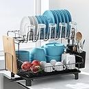 Qienrrae Dish Drainer Rack, Stainless Steel 2 Tier Dish Rack with Drip Tray, Plate Drainer Rack with Utensils Holder, Cup Rack and Swivel Spout, Draining Board Rack for Kitchen Sink