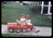 Twin Girls Pedal Car Dump Truck 1950s 35mm Slide Red Border Kodachrome