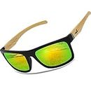 Polarized Sunglasses Mens Fishing Driving Running Retro Mirrored Sport Glasses XL HD Nylon Lens UV Protectiont Matte Black (Matte Black/Wood Grain, Green Mirrored)