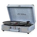 Victrola Vintage 3-Speed Bluetooth Portable Suitcase Record Player with Built-in Speakers | Upgraded Turntable Audio Sound| Includes Extra Stylus | Light Denim Blue Linen