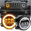UNI-SHINE 4 Inch LED Fog Lights Halo Ring Work Light Compatible with Jeep Wrangler JK Unlimited JKU 2007-2018, with White DRL Amber turn Signal Front Bumper Replacements DOT Approved