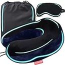 Trajectory Travel Neck Pillow Memory Foam with Eye Mask and Carry Bag Combo for Travel in Flight car Train Airplane with 2 Years Warranty for Sleeping for Men and Women (Black- Blue)