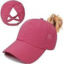Womens Criss Cross Ponytail Baseball Cap,High Messy Bun Ponycap Quick Drying Mesh Outdoor Sports Hat with Ponytail Hole Adjustable Travel Summer Hat (Rose Red, One Size)