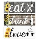Jetec 3 Pieces Wood Home Sign Rustic Wooden Kitchen Wall Decor Eat Drink Love Wood Sign with Hanging Hole for Home Kitchen Dining Living Room Bar Cafe Decoration (Bright Color)