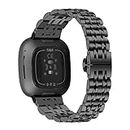 Kapa Metal Bands Compatible with Fitbit Versa 3 / Sense, Piston Style Stainless Steel Replacement Strap Bracelet with Buckle Clasp for Sense/Versa 3 (Black)