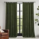 RYB HOME Green Velvet Curtains 96 inch, Solid Room Darkening Window Curtains for Living Room Light & Draft Block Privacy Backdrop with Pleat Tape Pocket& Tabs, Olive Green, W52 x L96 inch, 2 Panels