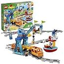 LEGO DUPLO Güterzug, „Push & Go“-Lok mit Lichtern und Geräuschen, Funktionssteinen und 2 Kranen, Spielzeug für Mädchen und Jungen ab 2 Jahren 10875