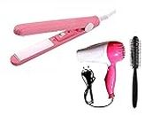 E-DUNIA 2 in 1 Mini Hair Straightener, Hair Straightener Heating Curler Heats Up Instantly Ceramic Tourmaline Plate Beauty Flat Iron Heating Curler Flat Iron with dryer and round hair brush/comb