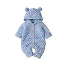 DovFanny Newborn Baby Winter Outfit Knitted Sweater Romper Infant Boy Girl Long Sleeve Hooded Jumpsuit Clothes Blue（3-6M