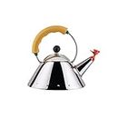 Alessi Kettle 9093/1 Y - Kettle with Magnetic Bottom Suitable for Induction Cooking, in 18/10 Stainless Steel Mirror Polished with Handle and Small Bird-Shaped Whistle in PA, Yellow