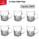 220ml Glass Coffee/Tea Cups w/ Handle - Set of 6 Suitable for Hot/Cold Beverages