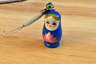 Babushka Cell Phone Pendant Charm Doll Wood Bell Blue