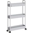 SOLEJAZZ 3-Tier Storage Trolley Cart Slide-out Slim Rolling Utility Cart Mobile Storage Shelving Organizer for Kitchen, Bathroom, Laundry Room, Bedroom, Narrow Places, Plastic, Grey