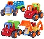 Toyshine Unbreakable Automobile Car Pack of 4 Friction Powered Cars Construction Push and Go Car Tractor, Bulldozer, Cement Mixer Truck, Dumper for 1 2 3 Year Old Boy Girl Toddler Baby Kid Gift - B