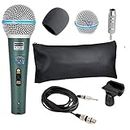 KartsHiTech® Combo Beta 58A Dynamic Vocal Microphone, Metal mesh Replacement Head, Wind Puff, Convertor 6.5mm to 3.5mm, with Carry Pouch, Mount & XLR Cable