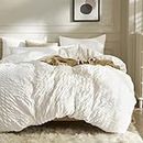 JELLYMONI White Duvet Cover Queen Size, 3pcs Washed Microfiber Bedding Set, Soft Breathable Seersucker Duvet Cover Set with Zipper Closure and Corner Ties for All Seasons