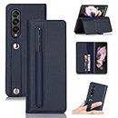 Cavor for Samsung Galaxy Z Fold3 5G 7.6'' Case with S-Pen Holder Luxury Palm Pattern Genuine Leather Wallet Case Folio Flip Cover Phone Cases Card Slots Magnetic Closure Kickstand-Blue