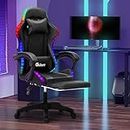 Oikiture LED Gaming Chair with Massage and 135° Recline, Executive PU Leather Office Chair Racing Chair with Footrest, Height Adjustable SGS Listed Gas-Lift, 160kg Capacity (Black)