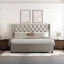 Aykah King Size Linen Upholstered Tufted Bed with Storage Drawers, Foam Filled Fabric, Low Profile Platform, Metal Bed Frame with High Headboard, Wood Slat Support, Modern Design (Velvet, Light Grey)