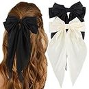 ATODEN Silky Satin Hair Bows 2Pcs Big Hair Bows for Women Hair Ribbons Oversized Long Tail White Hair Bow Black Hair Bow Large Hair Ribbon Barrettes Metal Clips Bowknot Aesthetic Hair Accessories