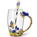 OEAGO Gifts for Mom Women Mothers Day Glass Coffee Enamels Mug Best Birthday Butterfly Rose Gifts for Her from Daughter Son Lead-Free Valentines Day Christmas Blue Tea Cup with Spoon Set