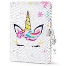 WERNNSAI Unicorn Sequins Notebook - Rainbow Unicorn Journal for Girls with Locks Keys Unique Gift A5 Diary Notebook for Travel School Office Notepad Memos to Keep Secret Privacy