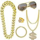 Yontree 5pcs Hip Hop Costume kit, 80s/90s Fancy Dress Accessories for Kids Adult, Fake Gold Chain /Bracelet, Dollar Sign Necklace, Ring, Hippie Glasses Rapper Disco Outfit Regular size