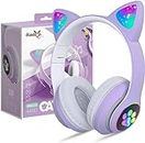 Daemon Bluetooth Headphones for Kids, Cute Ear Cat Ear LED Light Up Foldable Headphones Stereo Over Ear with Microphone/TF Card Wireless Headphone for iPhone/iPad/Smartphone/Laptop/PC/TV (Purple)