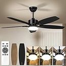 42" Black Ceiling Fan with Light and Remote, Bedroom Outdoor Ceiling Fan Light with Dual-Color Blade, Modern/Farmhouse Quiet Ceiling Fan with Remote, 3 Color Temperature, 6 Speed, Ventilateur Plafond
