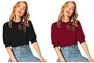 Dream Beauty Fashion Women's Puff/Balloon Sleeves Round Neck Casual Top, Pack of 2-23" inches (Sofia Black-Maroon-M)