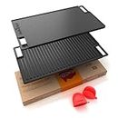 NutriChef Cast Iron Reversible Grill Plate - 18 Inch Flat Cast Iron Skillet Griddle Pan for Stove Top, Gas Range Grilling Pan w/Silicone Oven Mitt for Electric Stovetop, Ceramic, Induction.