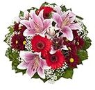 Dominik Blumen und Pflanzen, Blumenstrauß "Charlotte" mit rosa Lilien, Chrysantheme, Gerbera und Schleierkraut