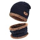 Kids Boys Girls Winter Warm Knit Beanie Hat Cap and Scarf Set with Fleece Lining Navy