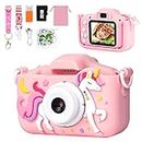 Kids Camera, Unicorn Digital Camera for 3-12 Year Old Girls, 1080P HD Selfie Video Camera for Kids with 32GB SD Card 48MP/2 Inch IPS Screen, Birthday Christmas Toy Gifts for 3 4 5 6 7 8 (Pink)