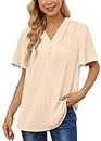 BISHUIGE Womens Summer Tops Dressy Casual Button Up V-Neck T-Shirts Chiffon Henley Tunic Blouses, XXL, Khaki