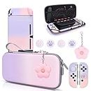 Pink and Purple Switch Case Set Gradient Carrying Case with 10 Slots Cute Protective Dockable Hard Shell with 4PCS Glitter Cat Paw Thumb Grips Caps and 1PC Flower Blossom Chain for Switch 2017