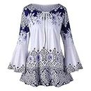 Lazzboy Shirt Top Women Boho Ethnic Lace-up Neck Long Flare Sleeve Tunic UK 6-20 Oversized Ladies Beach Daily Blouse Plus Size(5XL(20),Blue)