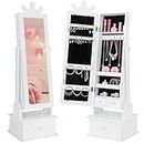 CHARMAID Jewelry Armoire Cabinet for Kids, 44.5" Dress Up Mirror with Jewelry Storage, Full Length Mirror, 3 Drawers, Princess Jewelry Organizer Box for Girls Birthday Christmas Gifts (White)