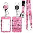 Retractable Badge Holder with Lanyard, ID Card Holder with Reel and Adjustable Lanyards, Name Tag Lanyard Vertical ID Protector Badge Clips for Office Teachers Nurses (Stay Positive-Pink)