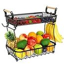 2 Tier Fruit Basket Bowl with 2 Banana Hangers for Kitchen Counter, Vegetable Countertop Produce Storage Holder, Large Capacity Metal Wire Fruits Stand Organizer for Onion Potato Bread Snack, Black