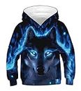 JSJCHENG 3D Animal Print Hoodies for Boys Girls Hooded Pullover Sweatshirts for 4-15 Years(Wolf Blue, 11-13 Years)