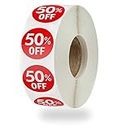 1000 Stickers, Discount Percent Off, 1 Inch Round, Promotion Labels (50 Off Red)