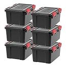 IRIS USA 18 L (19 US Qt) WEATHERPRO Plastic Storage Box with Durable Lid and Seal and Secure Latching Buckles, Black with Red Buckles, 6 Pack