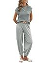 oten Womens 2 Piece Outfits Sweater Sets Knit Short Sleeve Tops Loose Pants Loungewear Tracksuit Set Light Grey Small