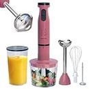 FUMATO 600W Electric Hand Blender with Chopper, Coffee Frother, Whisker & Jar- Turbo Function & Speed Regulator, 100% Copper Motor, Stainless Steel Stem & Blades, Splash-Proof | 1 Yr Warranty (Pink)