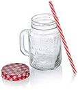 Coco Kitchen Glass Mason Jar with Handle, Colorful Lid and Reusable Straw 450 Ml, Box Packing (Assorted Design & Color)
