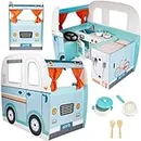 Wooden Play Camper Van Toy Playset w Steering Wheel, Kitchen w Stove, Oven, Bed, Pillow, Pretend Shower, Curtains, Personalization Stickers- Fun Indoor Camping or Travel RV Adventure- Ages 3+